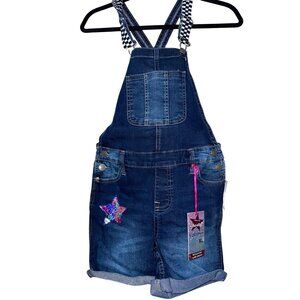 Vigoss Girls Denim Shortalls XL With Star Patch & Checkered Straps